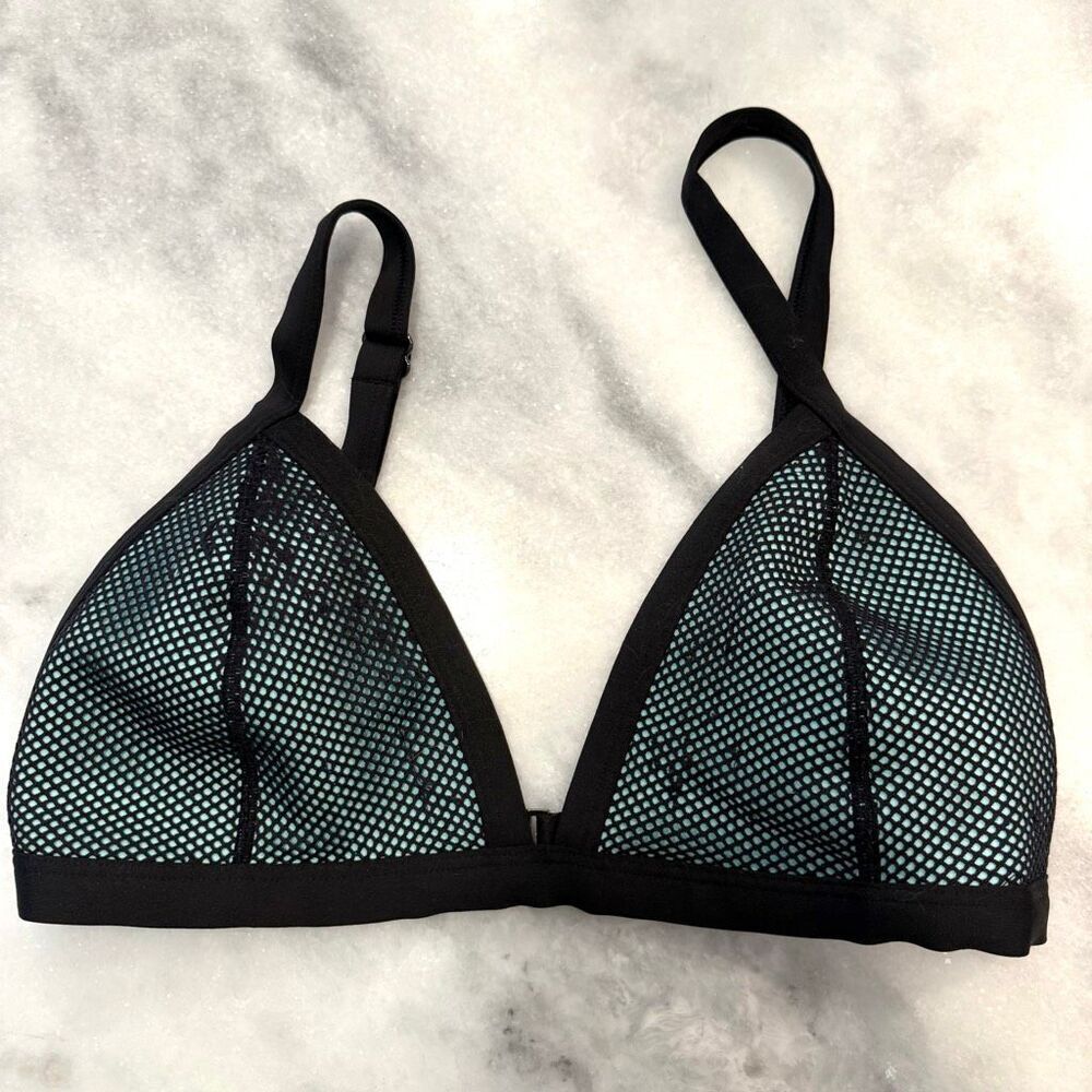 H&M Mesh Overlay Adjustable Strap Triangle Bikini Swim Top Black Blue Size 14